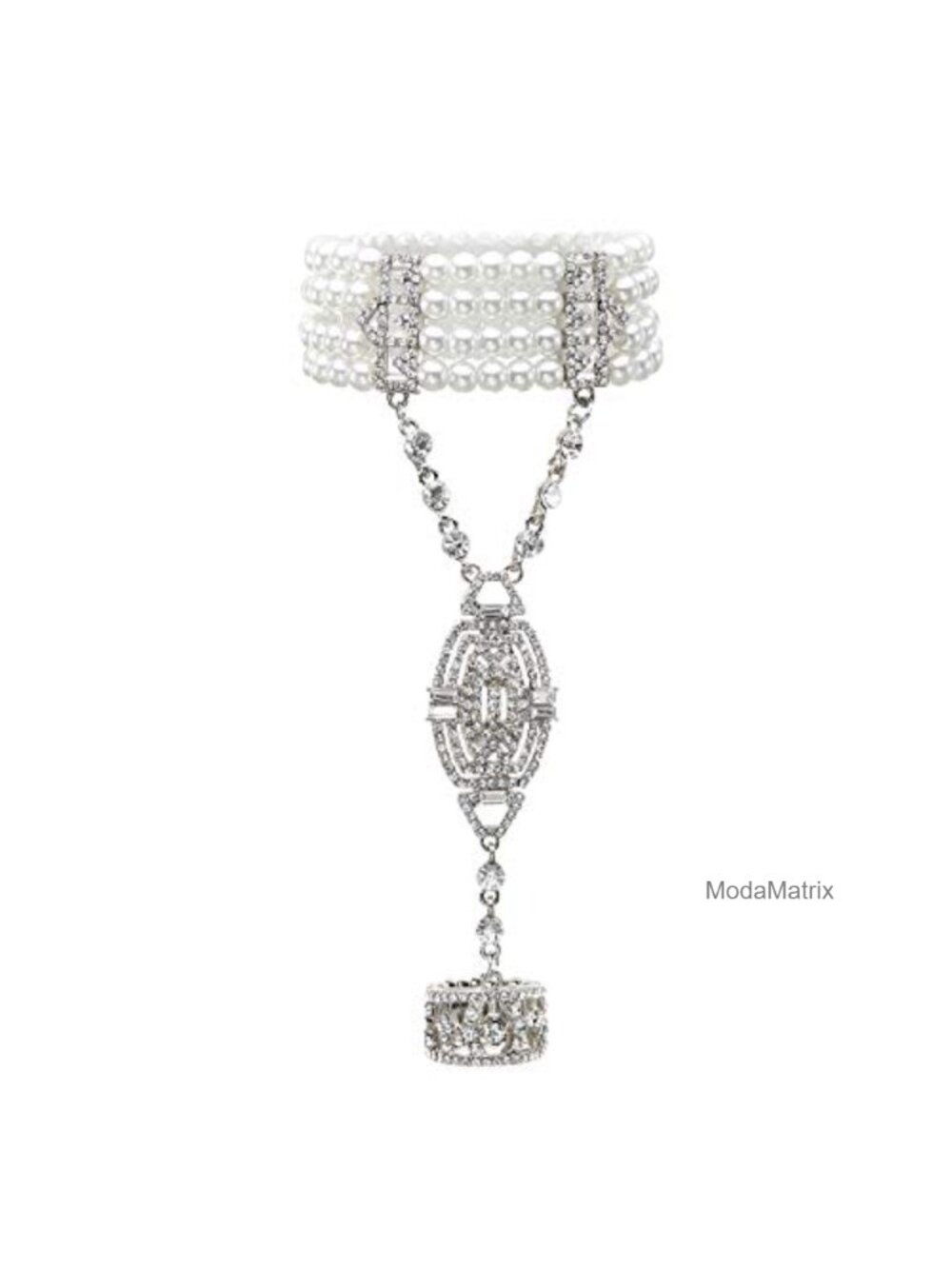 1920s Flapper Bracelet Ring Set Imitation Pearl Crystal Adjustable Great Gatsby